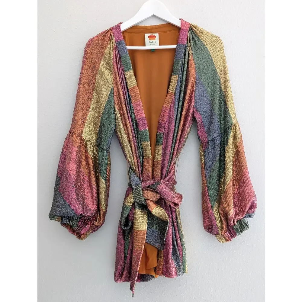 Farm Rio Rainbow Sequin Kimono Jacket Colorful Festival Party Wear Size Small - Picture 2 of 8